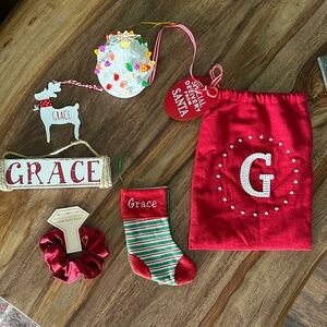 Grace Red Holiday Decor Merry Christmas GRACE Tree lights up G bag 3 ornaments
